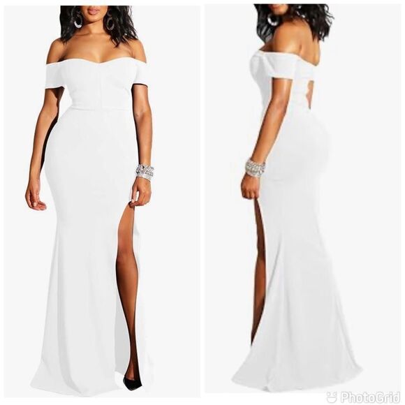 Elegant Off Shoulder High Slit Formal Party Long Red Mermaid Dress - Picture 1 of 11